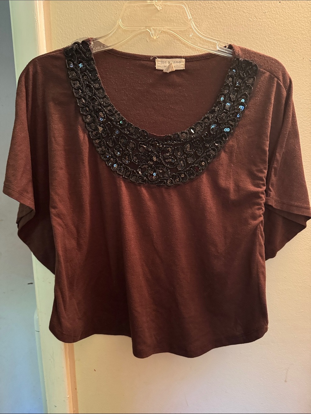 Jon & Anna Dark Brown Short Sleeve Top with Beaded Scoop Neck